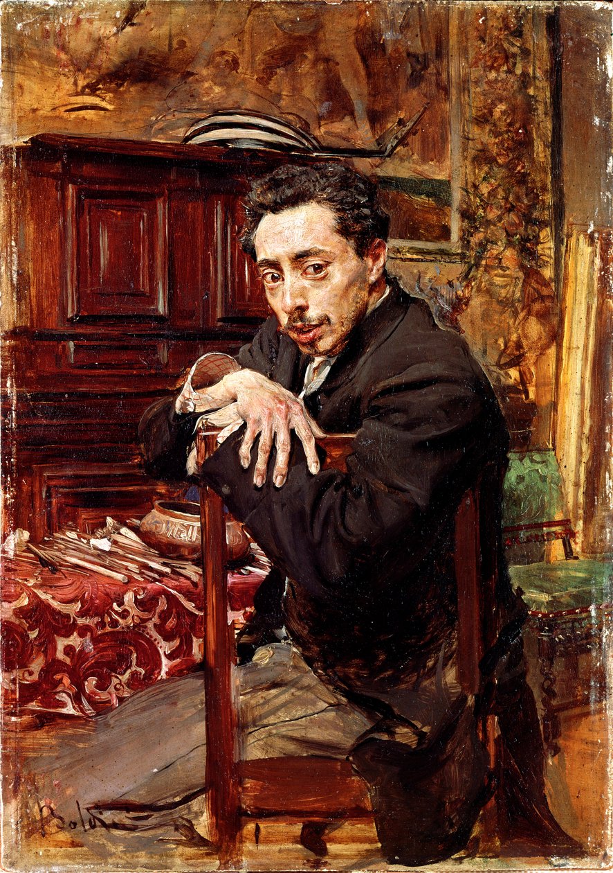 画家华金·阿劳霍·鲁阿诺的肖像。 乔瓦尼·博尔迪尼 (Giovanni Boldini) (1842-1931) 大约 1889 年的绘画。布面油画。 尺寸：29x20cm。 皮斯托亚，博尔迪尼收藏 作者 乔凡尼·博尔迪尼（Giovanni Boldini）