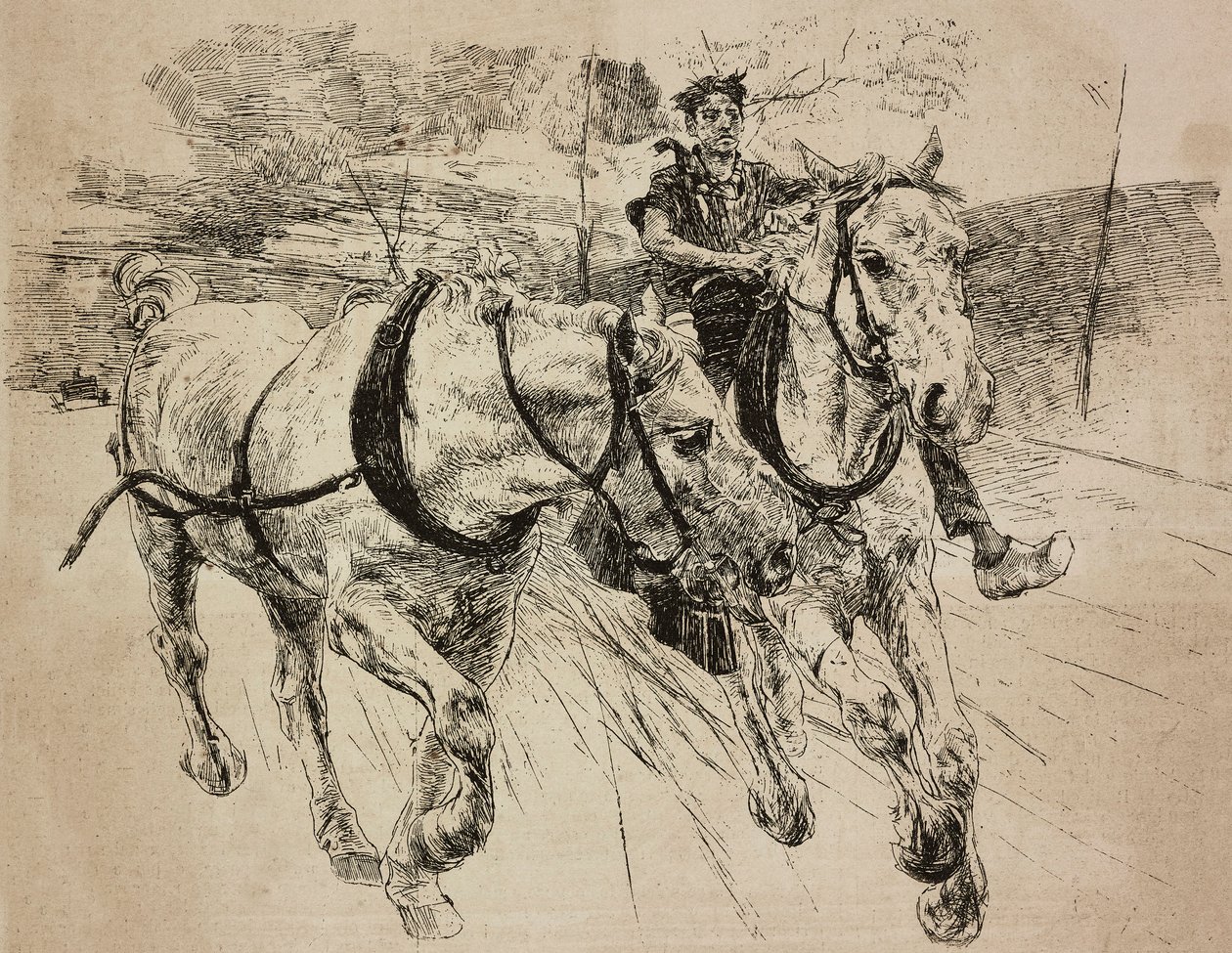 强化马车马匹，根据乔瓦尼-博尔迪尼的原画雕刻，来自《意大利画报》，第2期，1月9日 作者 乔凡尼·博尔迪尼（Giovanni Boldini）