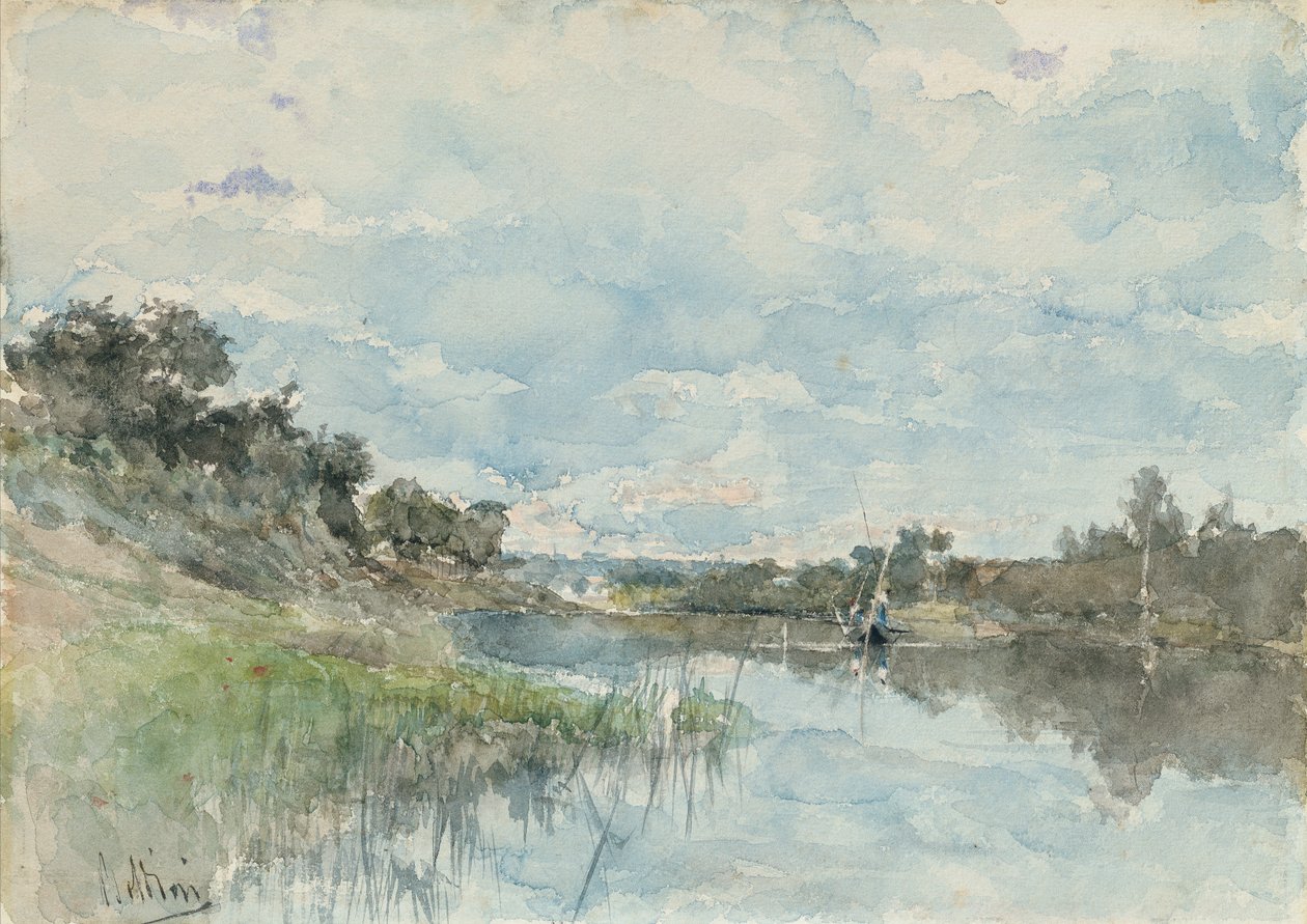 河流景观与渔船（水彩画） 作者 乔凡尼·博尔迪尼（Giovanni Boldini）