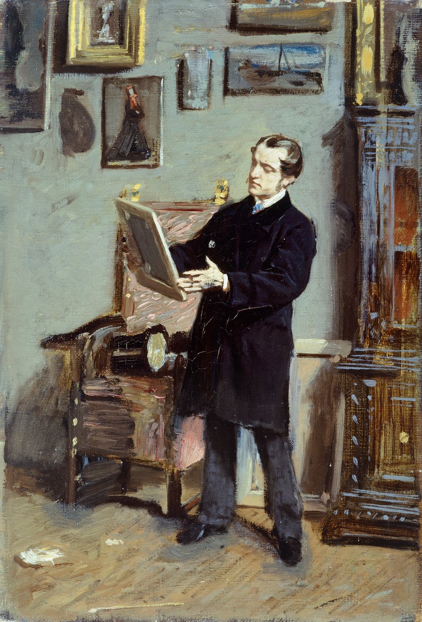 乔瓦尼·博尔迪尼看着照片的自画像，约 1865 年，乔瓦尼·博尔迪尼 (1842-1931) 作，布面油画，32x22.5 厘米。 作者 乔凡尼·博尔迪尼（Giovanni Boldini）