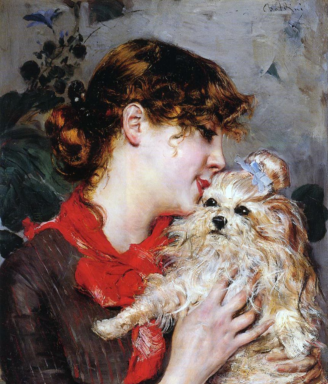 女演员 Rejane 和她的狗，约 1885 年（面板上的油） 作者 乔凡尼·博尔迪尼（Giovanni Boldini）