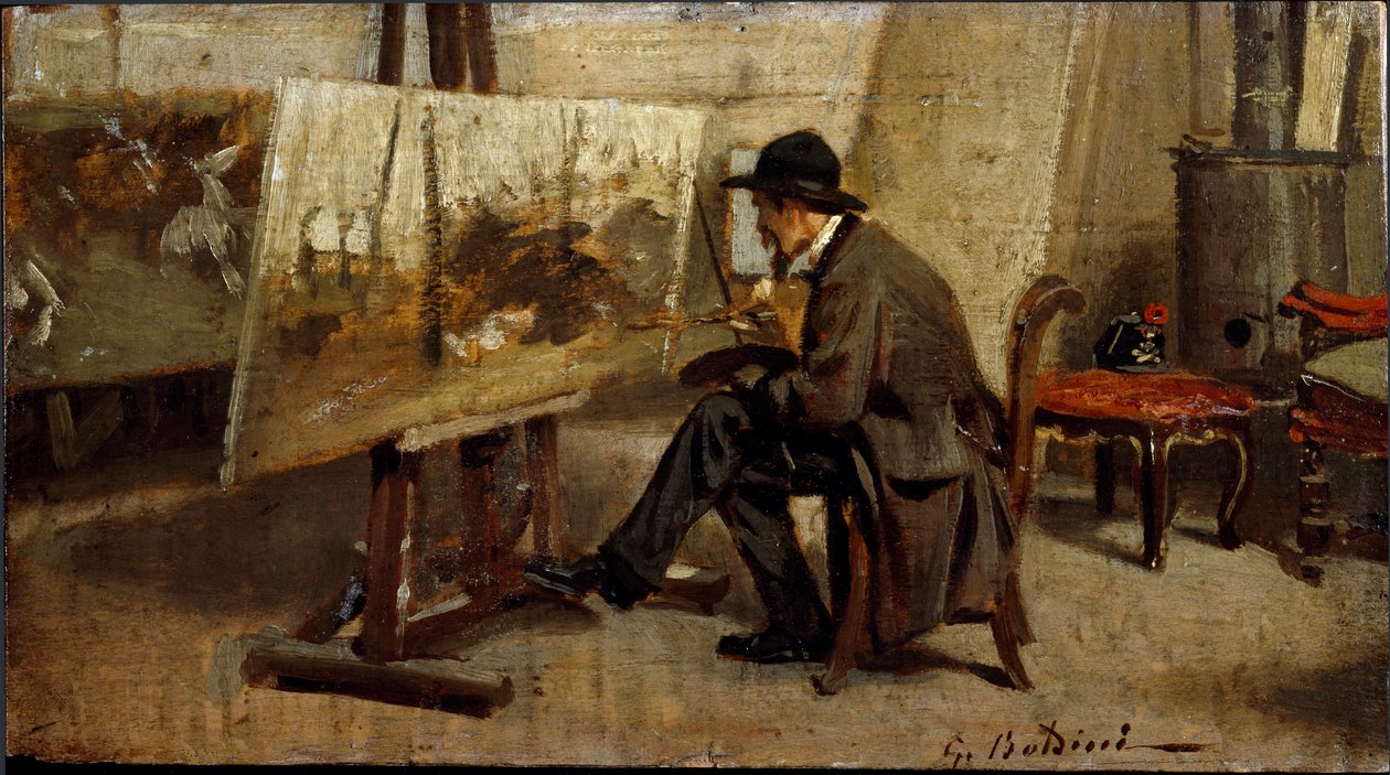 The painter Giovanni Fattori in his workshop Painting attributed to Giovanni Boldini (1842-1931) 1863-1869 Sun. 13x24 cm Milan private collection 作者 乔凡尼·博尔迪尼（Giovanni Boldini）