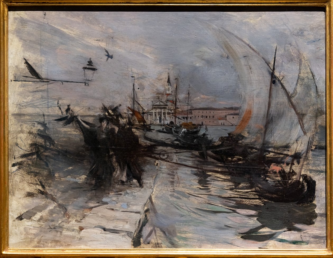 威尼斯，从镇上看到的圣乔治马焦雷，约 1885 年（面板油画） 作者 乔凡尼·博尔迪尼（Giovanni Boldini）