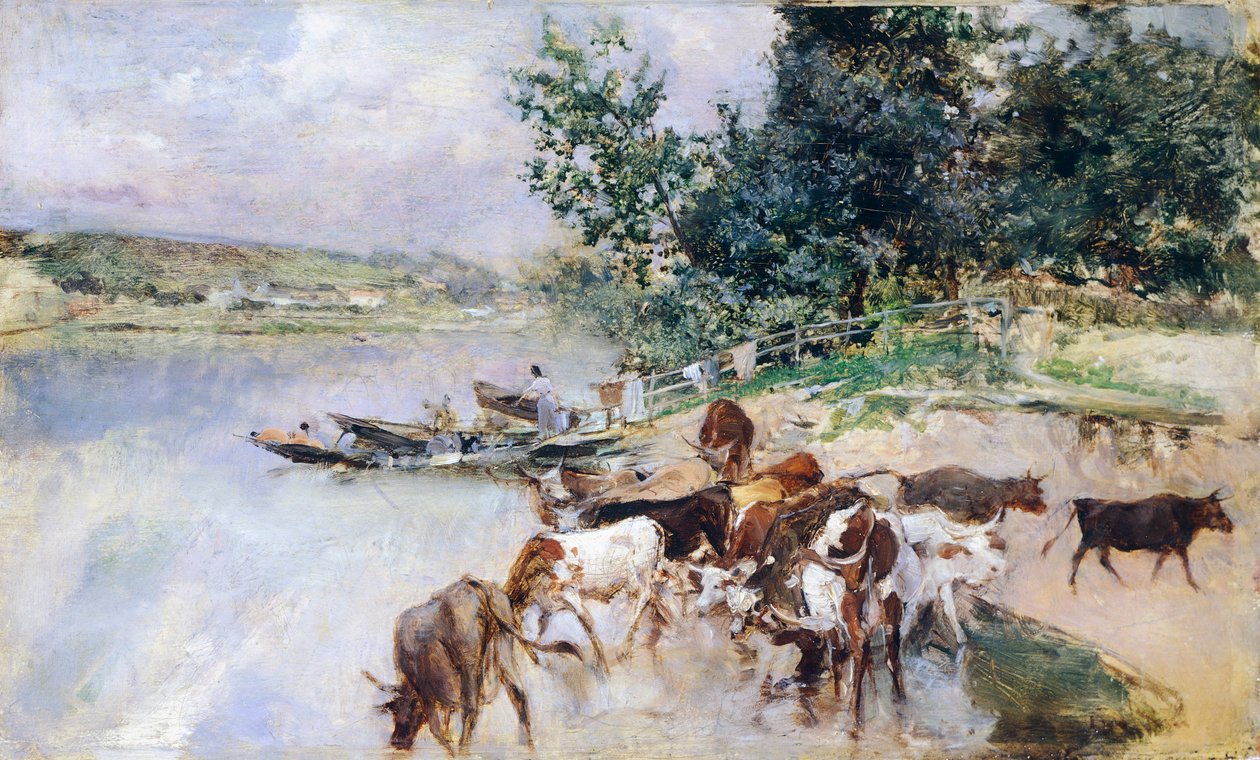 Giovanni Boldini (1842-1931) 在塞纳河给牛浇水 作者 乔凡尼·博尔迪尼（Giovanni Boldini）