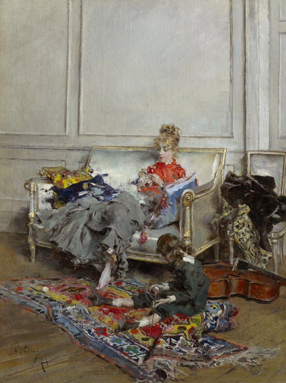 钩针编织的年轻女子，1875年 作者 乔凡尼·博尔迪尼（Giovanni Boldini）