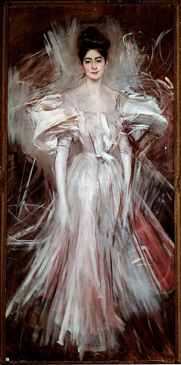 身着白缎（烟花）的年轻女子乔瓦尼·博尔迪尼 (Giovanni Boldini) (1842-1931) 的画作，1892 年昏暗。 200x101 厘米 Pistoia，Boldini 收藏 作者 乔凡尼·博尔迪尼（Giovanni Boldini）