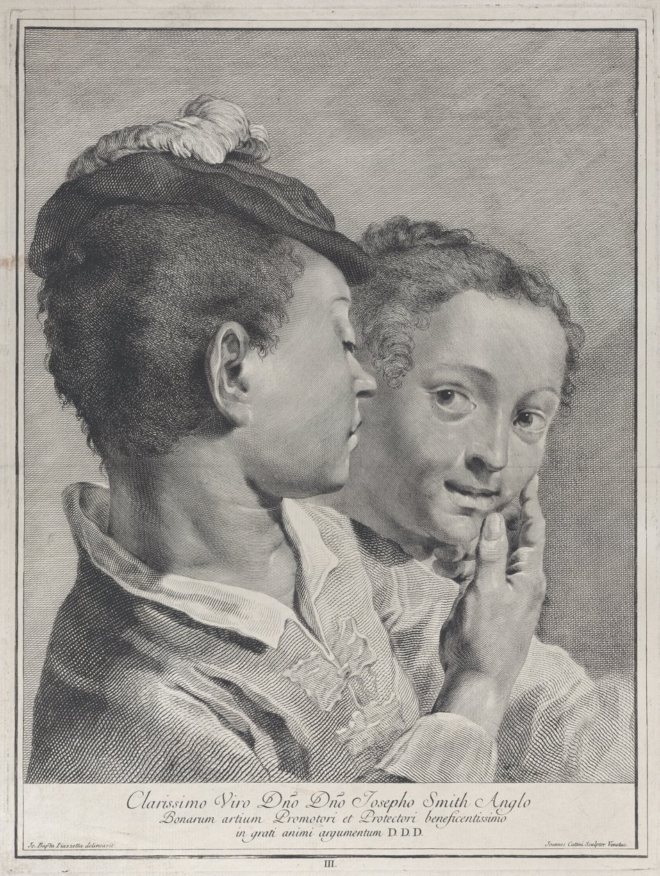 戴着帽子的男孩摸着一个女孩的脸，1743年。 作者 乔瓦尼·卡蒂尼