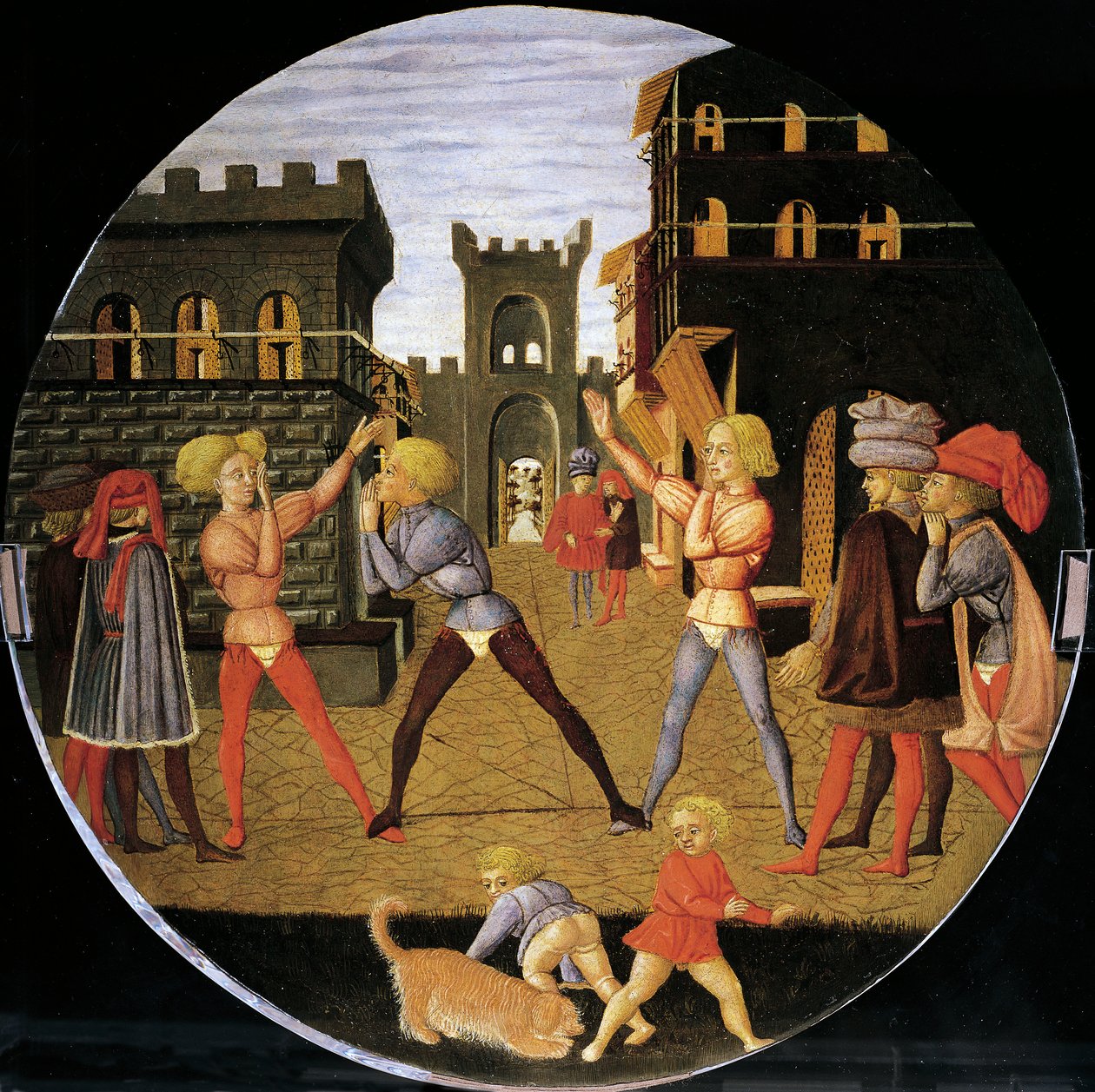 被称为 "civettino "的游戏，出生托盘正面的细节（圆画），约1450年，由乔瓦尼-迪-塞尔-乔瓦尼，又称洛-谢吉亚（1406-1486），木板上的蛋彩画。 作者 Giovanni Di Ser Giovanni Lo Scheggia Guidi