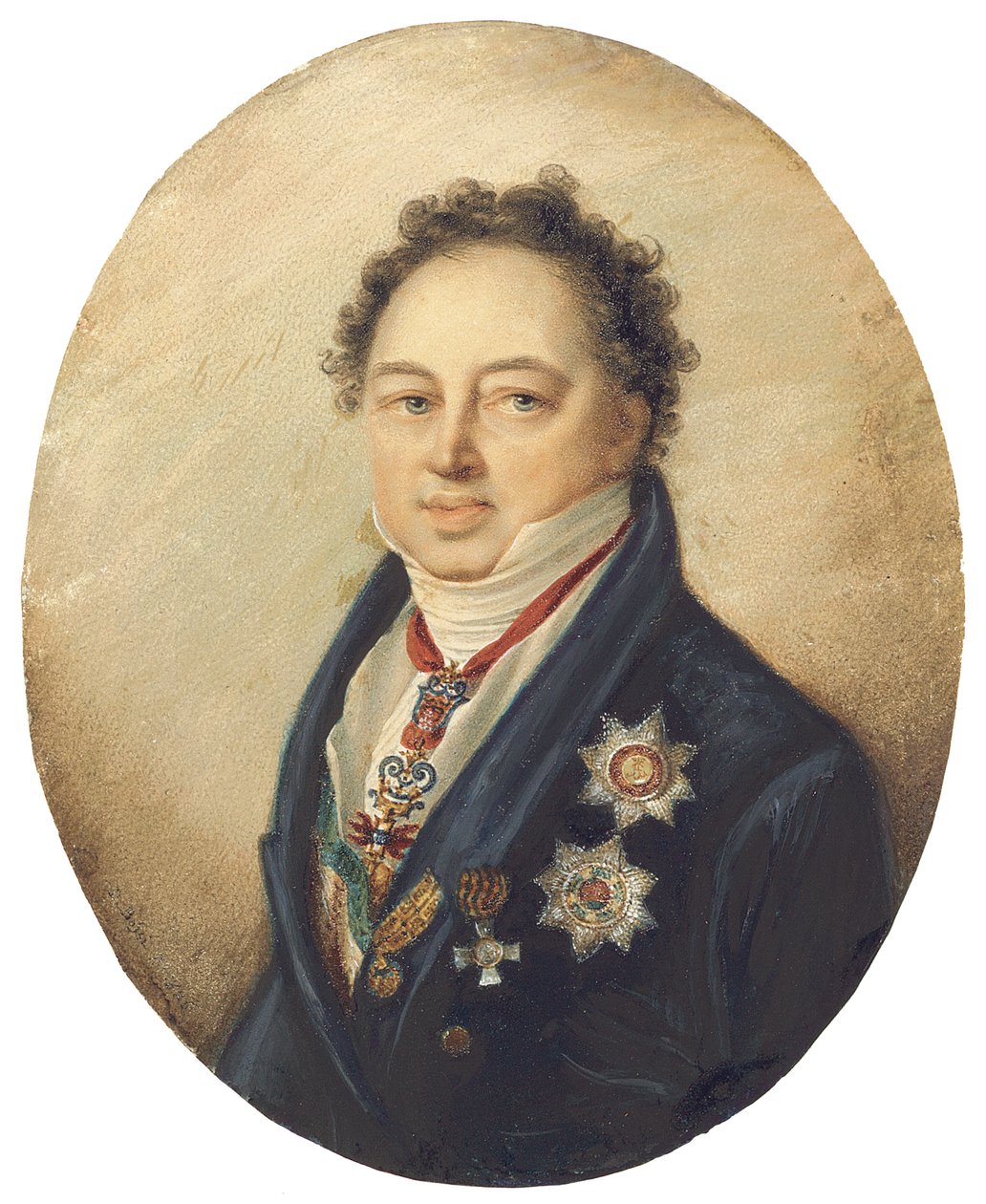 伯爵德米特里·帕夫洛维奇·塔蒂什切夫（Dmitry Pavlovich Tatishchev），穿着蓝色外套，白色背心和股票向左 作者 乔凡尼·多梅尼科·博西（Giovanni Domenico Bossi）