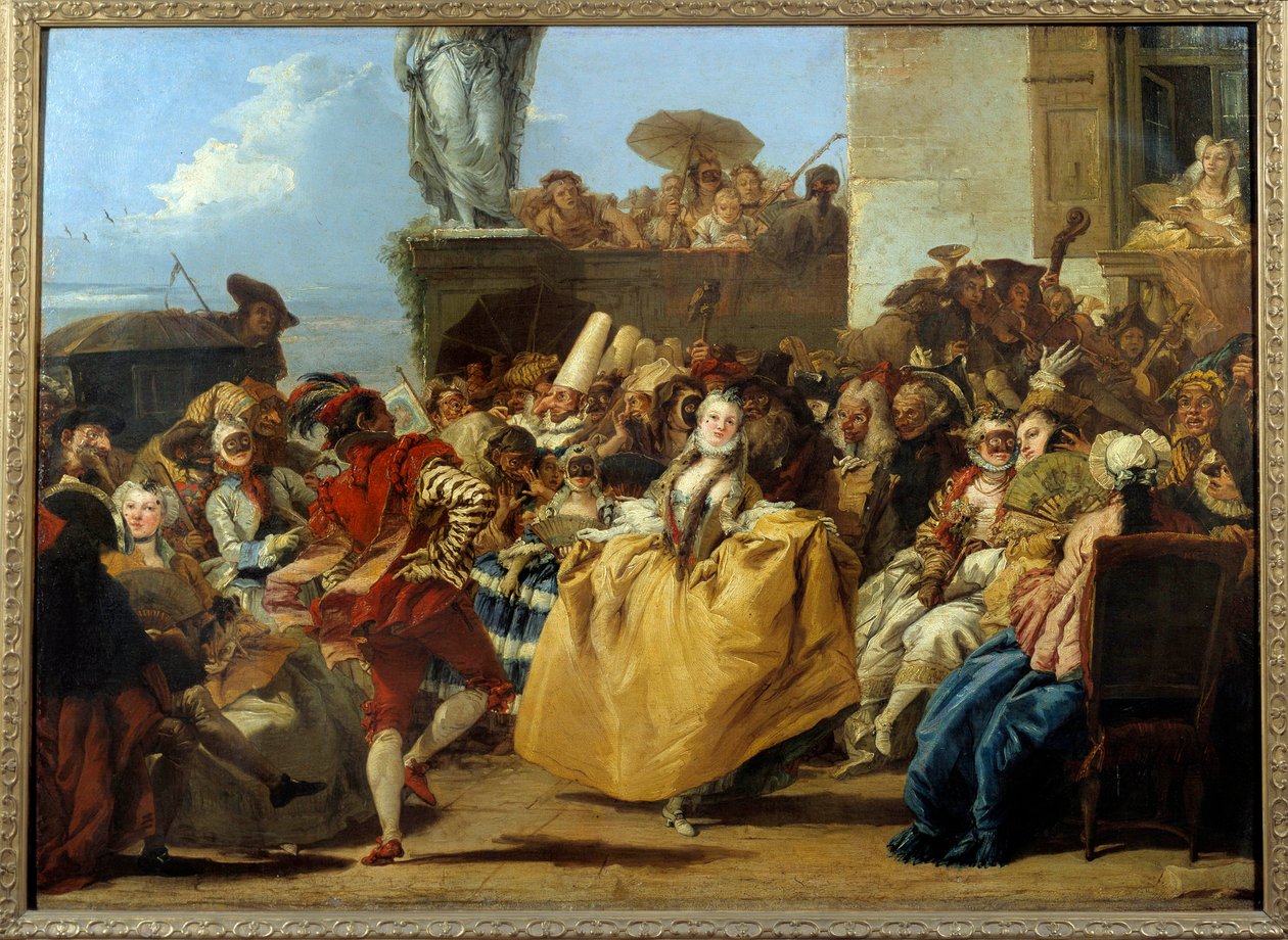18 世纪的狂欢节场景或“Menuet”舞蹈场景面具。 Gian Domenico Tiepolo (1727-1804) 作画 1,12x0,8 米。 作者 乔瓦尼·多梅尼科·蒂埃波罗