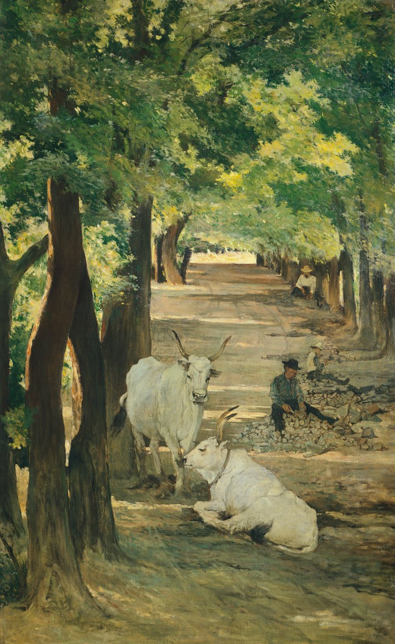 吉奥瓦尼-法托里（1825-1908）的《带牛和碎石机的大道》。 作者 乔凡尼·法托里（Giovanni Fattori）