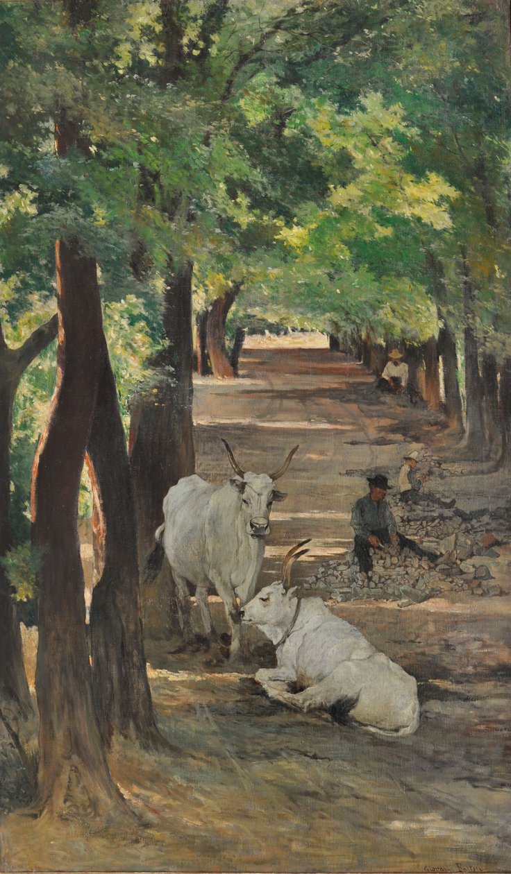 有牛和碎石机的大道，约 1875 年（布面油画） 作者 乔凡尼·法托里（Giovanni Fattori）