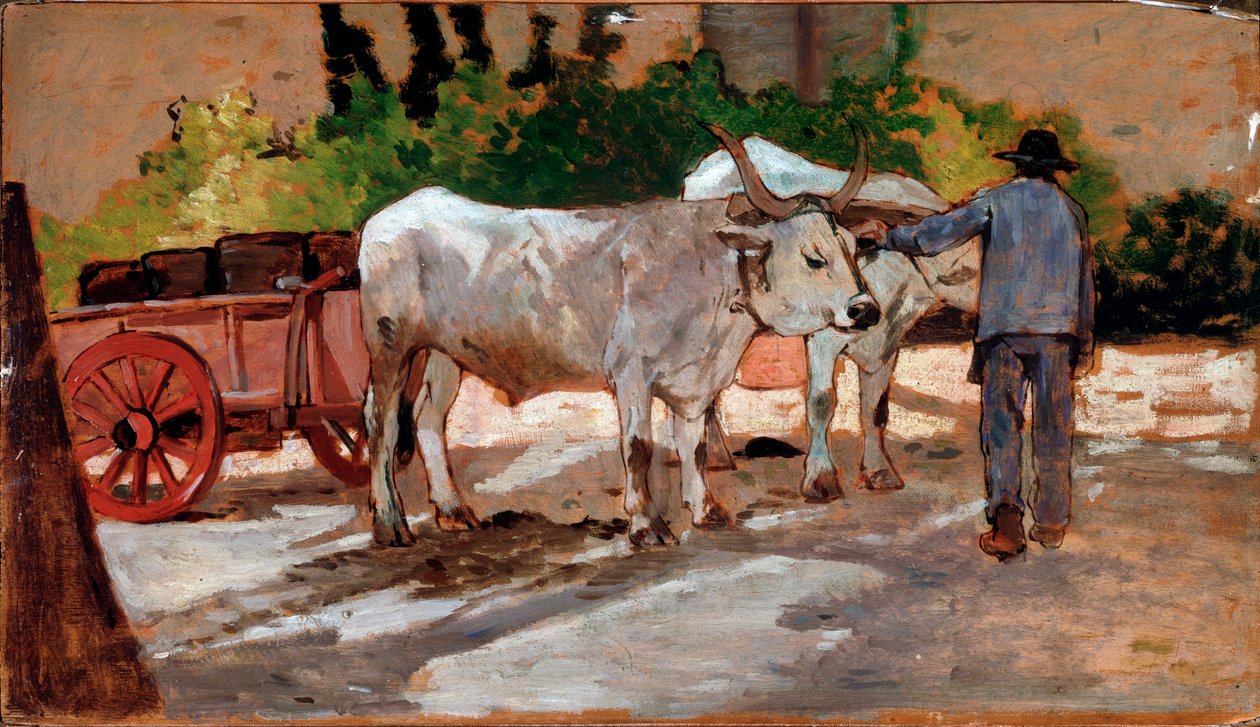 有公牛和农民的推车 - 绘画 作者 乔凡尼·法托里（Giovanni Fattori）