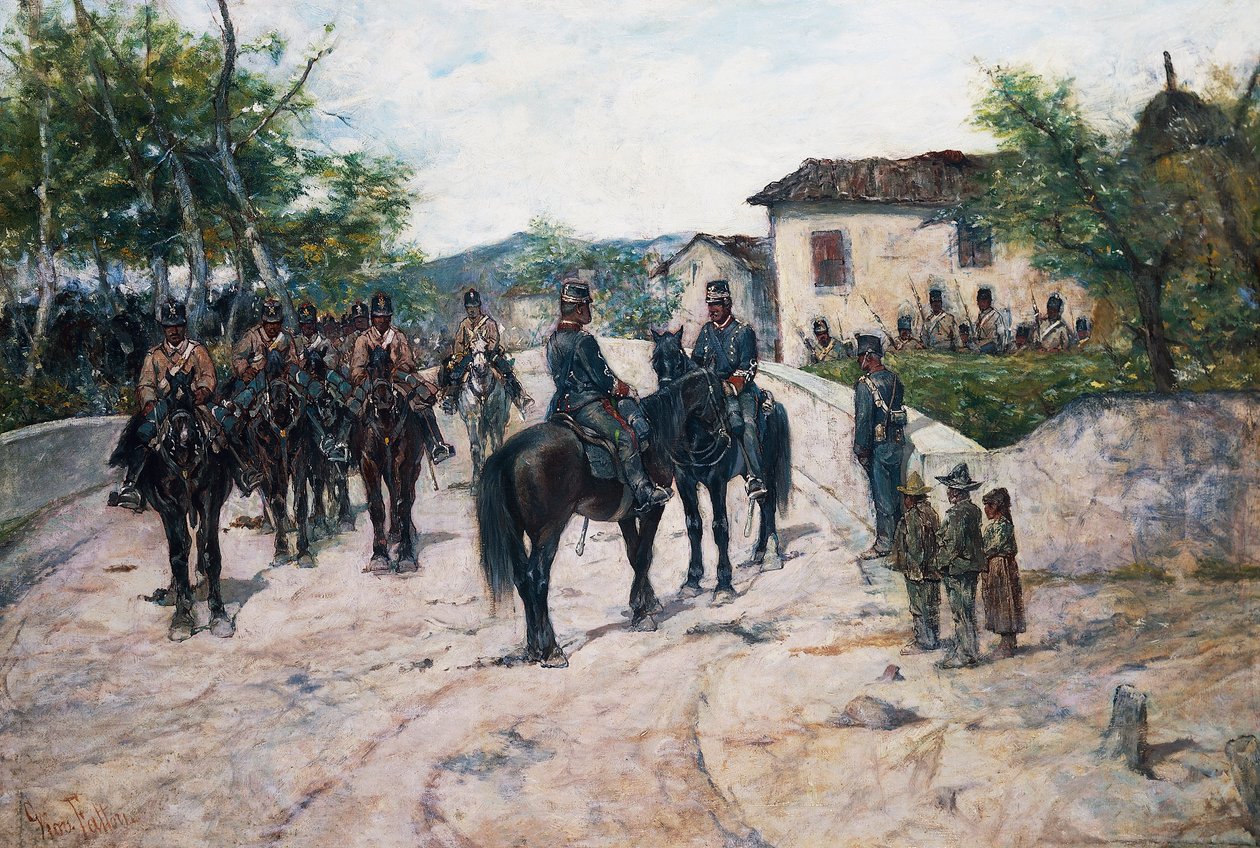 骑兵停止，约1890年，乔瓦尼-法托里，布面油画，55x80厘米 作者 乔凡尼·法托里（Giovanni Fattori）