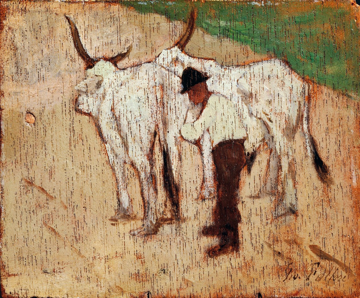 牧民和牛，乔瓦尼-法托里（1825-1908），板面油画 作者 乔凡尼·法托里（Giovanni Fattori）