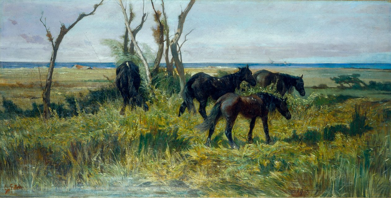 马雷玛牧场。放牧的马》，约 1872 年（布面油画） 作者 乔凡尼·法托里（Giovanni Fattori）