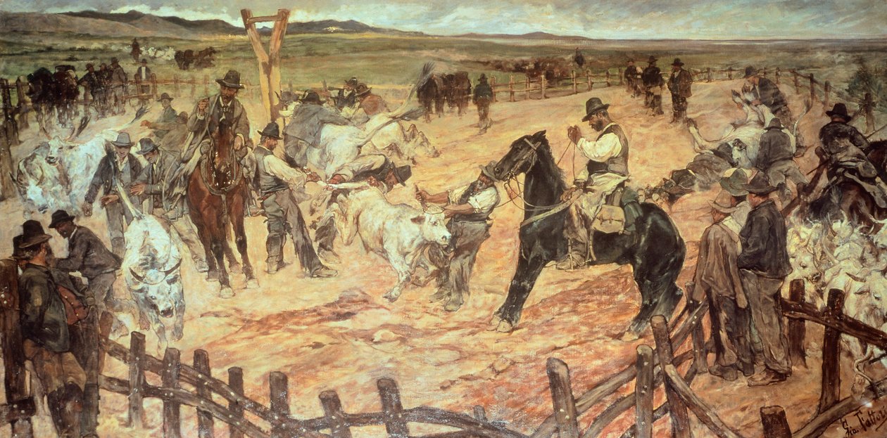 乔瓦尼-法托里（1825-1908）在马雷玛为年轻公牛做标记，布面油画，885厘米x175 作者 乔凡尼·法托里（Giovanni Fattori）