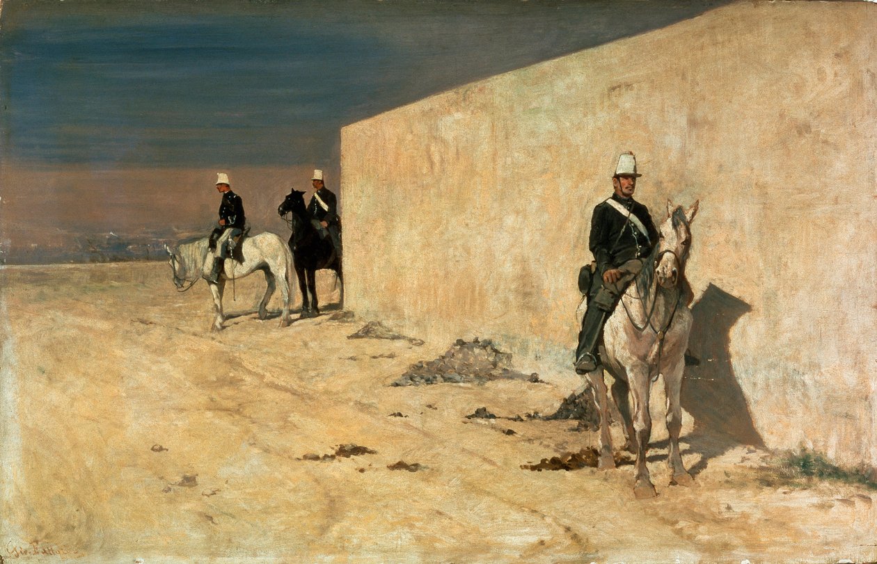 瞭望台（白墙） 骑兵在沙漠中的白墙前站岗。 乔瓦尼·法托里 (1825-1908) 的绘画 作者 乔凡尼·法托里（Giovanni Fattori）