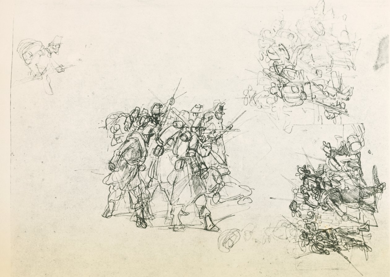 三张士兵团体的草图（黑色铅笔）。 作者 乔凡尼·法托里（Giovanni Fattori）