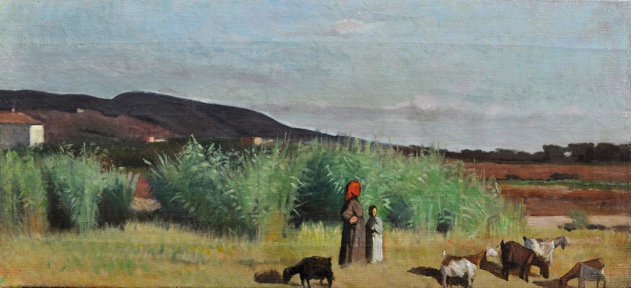 约 1865 年，里窝那乡间两个带着羊群的农妇（布面油画） 作者 乔凡尼·法托里（Giovanni Fattori）