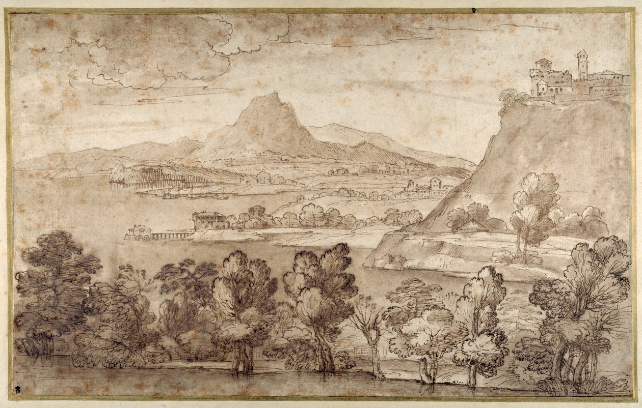 山城和远山的风景（白纸上的钢笔、棕色墨水和棕色水墨 作者 乔瓦尼·弗朗切斯科·格里马尔迪