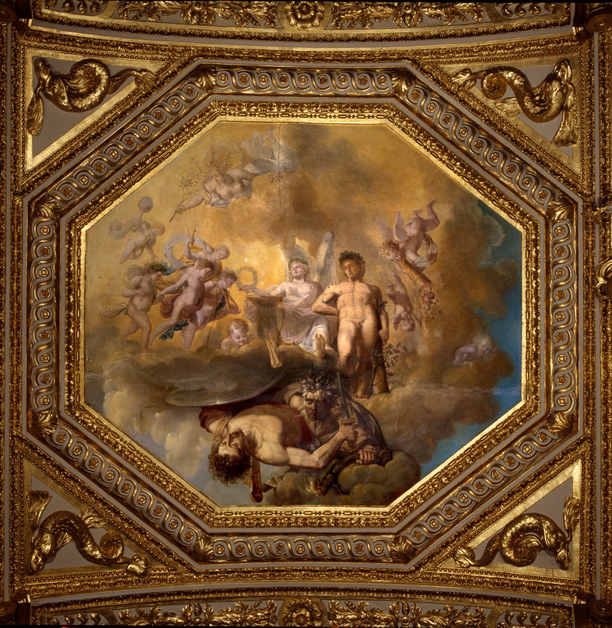 Persee killing the Meduse. Painting by Giovanni Romanelli (1601-1662) decorating the ceiling of the Antonine Hall, bedroom of the summer apartments of Queen Anne of Austria (1601-1666). Around 1655-1658. Paris, Louvre Museum. 作者 乔凡尼·弗朗切斯科·罗曼内利