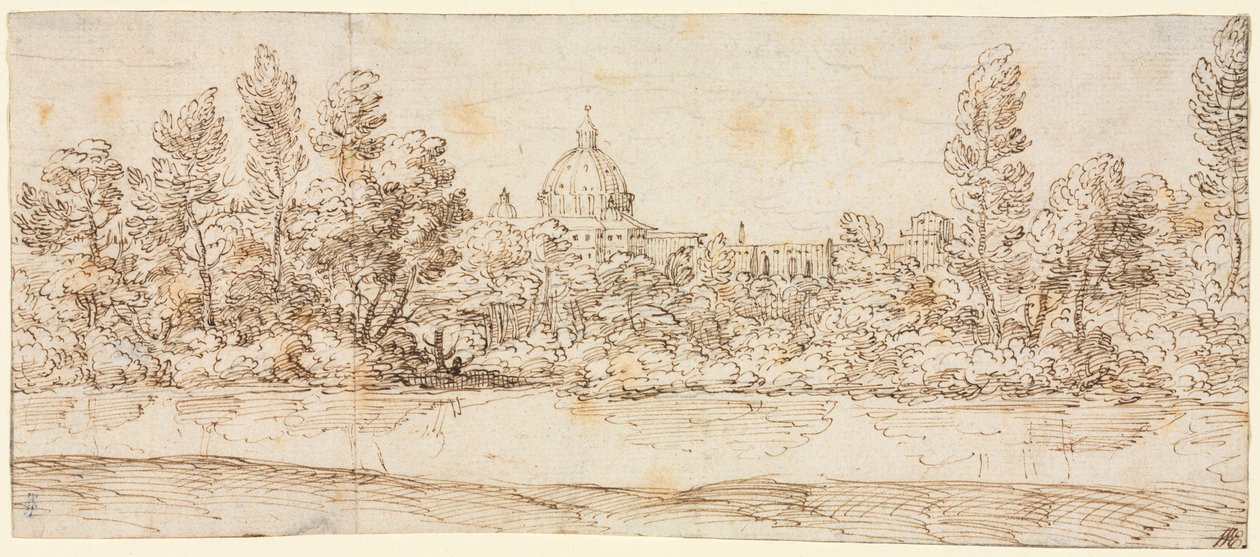 河流景观与圣彼得大教堂的景色，1660年后。 作者 乔瓦尼·弗朗切斯科·格里马尔迪