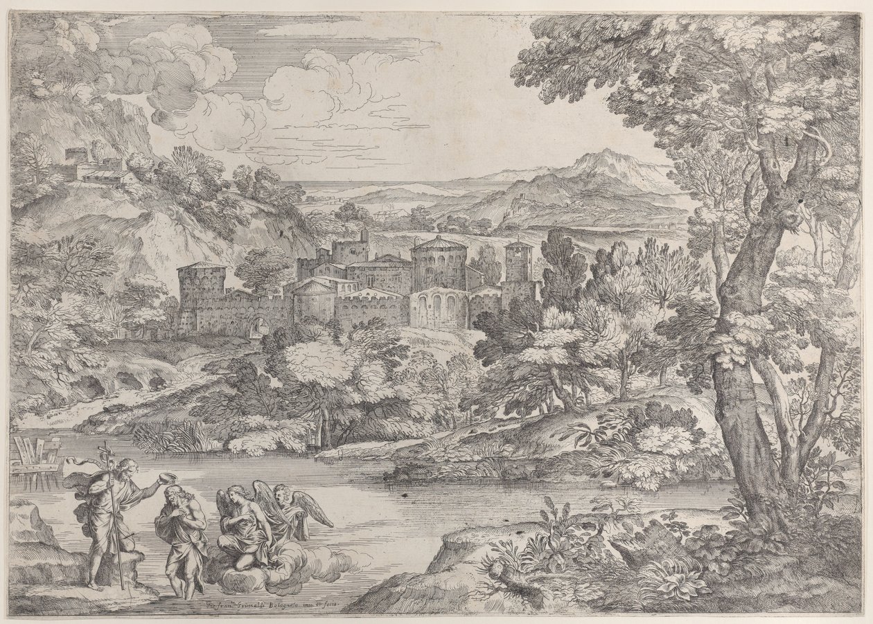 左下角的基督洗礼，在一幅风景画内，1626-80。 作者 乔瓦尼·弗朗切斯科·格里马尔迪