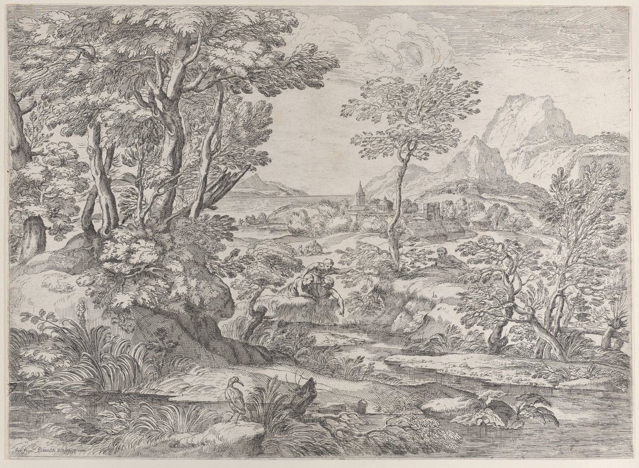 背景为城镇的风景中的三个男孩，1626-80。 作者 乔瓦尼·弗朗切斯科·格里马尔迪