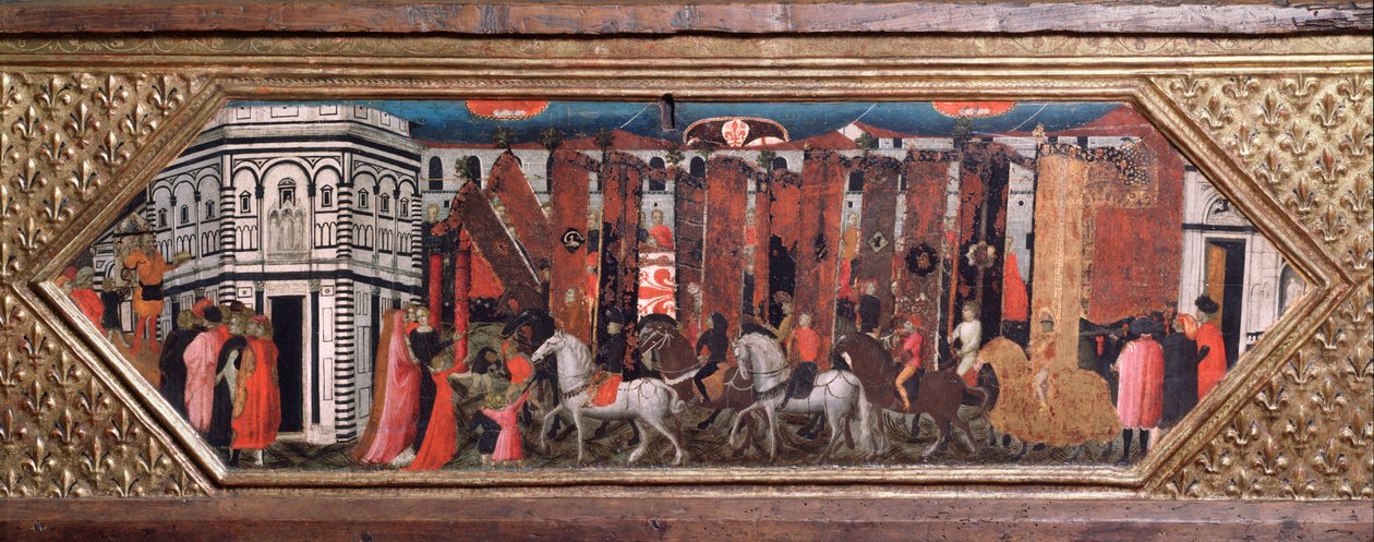 Processione dei pali di San Giovanni - Wooden chest with representations of the feast of San Giovanni Battista in Florence - Painting by Giovanni Toscani (1370-1430), Bargello Museum, Florence 作者 乔凡尼·弗朗切斯科·托斯卡尼