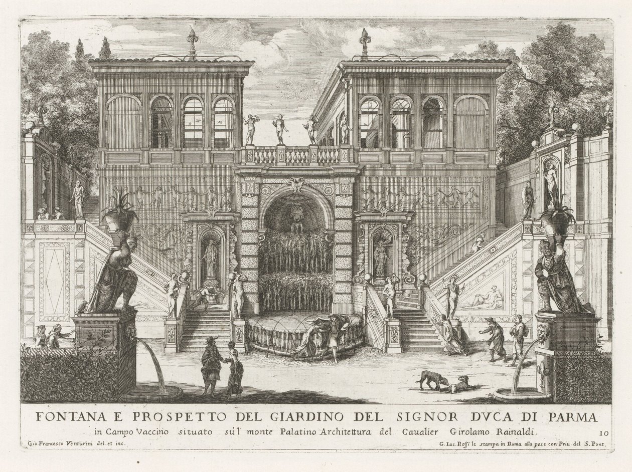Farnesische Tuinen te Rome
帕尔马公爵花园的字体和花坛（......）（物品上的标题）
罗马的字体、宫殿和花园（系列标题）
Fonteinen in de paleizen en tuinen van Rome（系列标题） 作者 乔凡尼·弗朗切斯科·文图里尼
