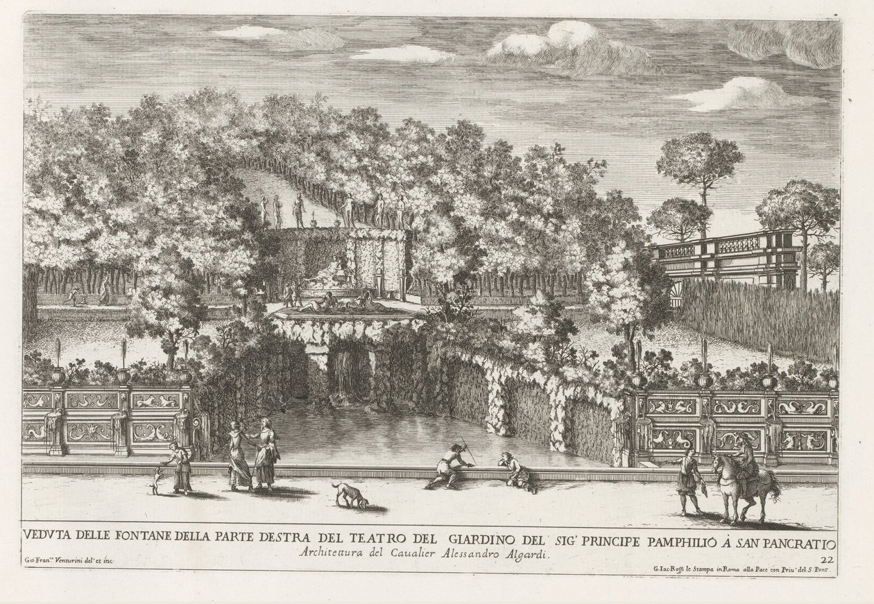 罗马多利亚-潘菲尔别墅内的橱窗
Veduta delle fontane della parte destra del teatro del giardino（......）（标题见实物）
罗马宫殿和花园的字体（系列标题）
Fonteinen in de paleizen en tuinen van Rome（系列标题 作者 乔凡尼·弗朗切斯科·文图里尼