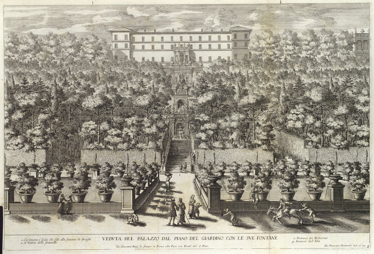 从花园的计划与其喷泉，从La Fontane，酒吧的宫殿的视图。 c 1691 作者 乔凡尼·弗朗切斯科·文图里尼