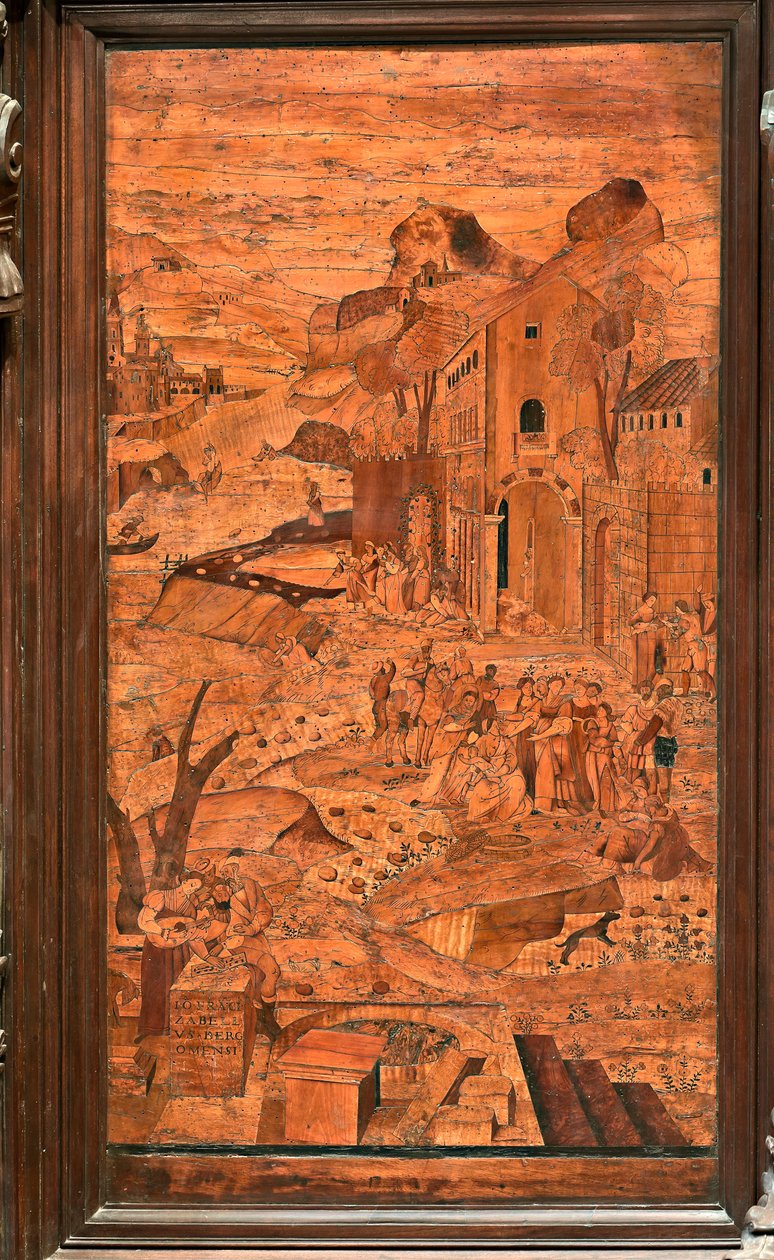 热那亚，Duomo（圣劳伦斯大教堂），内部，天顶，唱诗班，北侧："摩西从水中获救"，乔瓦尼-弗朗切斯科-赞贝里（十六世纪）的木质镶嵌画 作者 乔瓦尼·弗朗切斯科·赞贝利