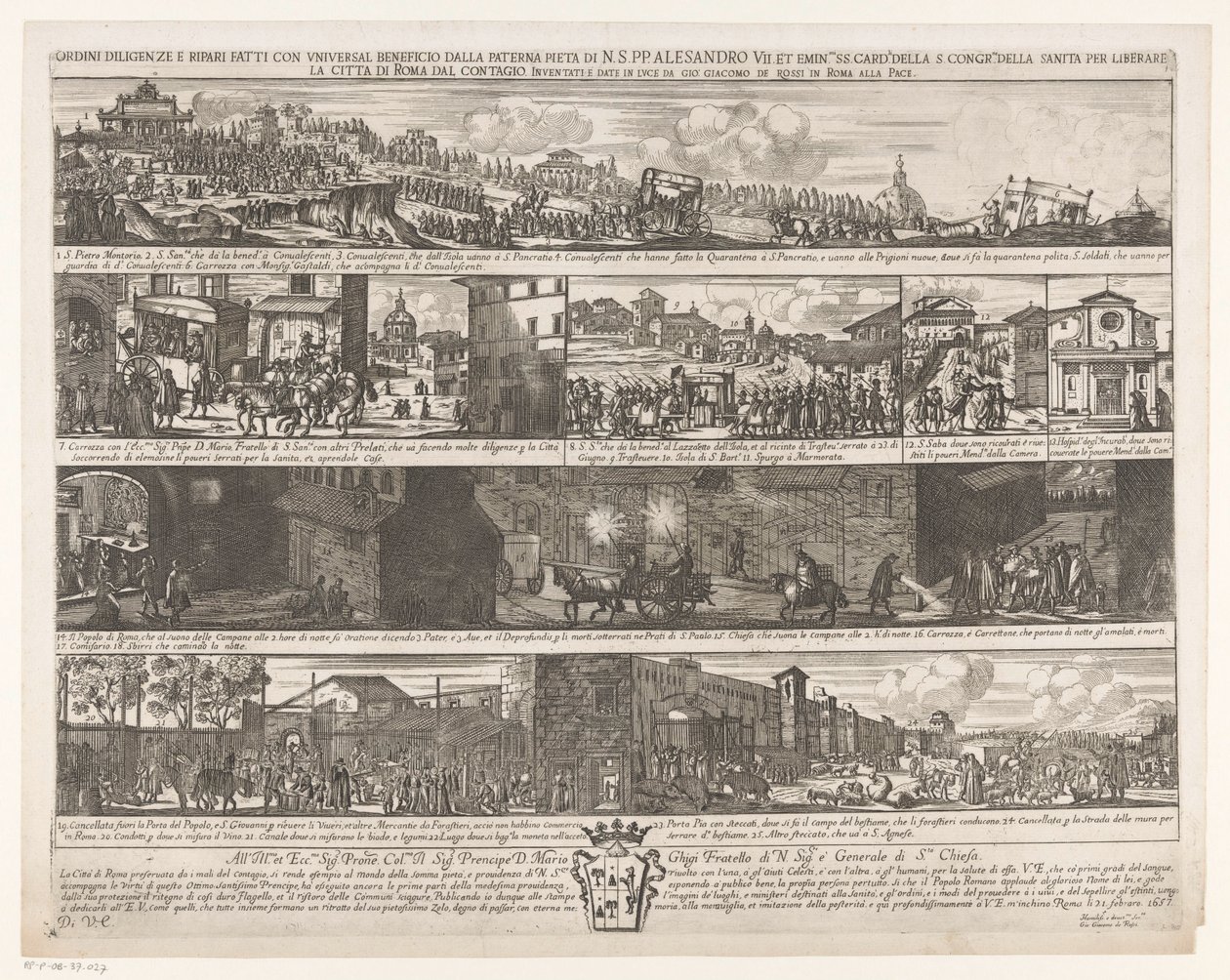 Optocht om Rome vrij te maken van de pest
下令由H.H. PP. Alesandro VII. et emin.mi SS. card.li della S. congr.me della sanita的父石进行普惠性的勤奋和修缮，使罗马城免受传染（标题上的或 作者 乔瓦尼·贾科莫·德罗西