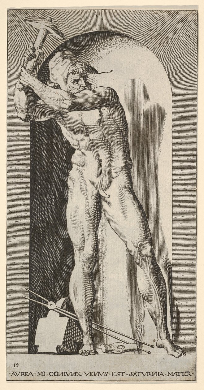 图19：瓦肯（Vulcan）站在小生境中，用铁砧，锤子和钳子摇动锤子，1526年。 作者 乔凡尼·雅各布·卡拉格里奥