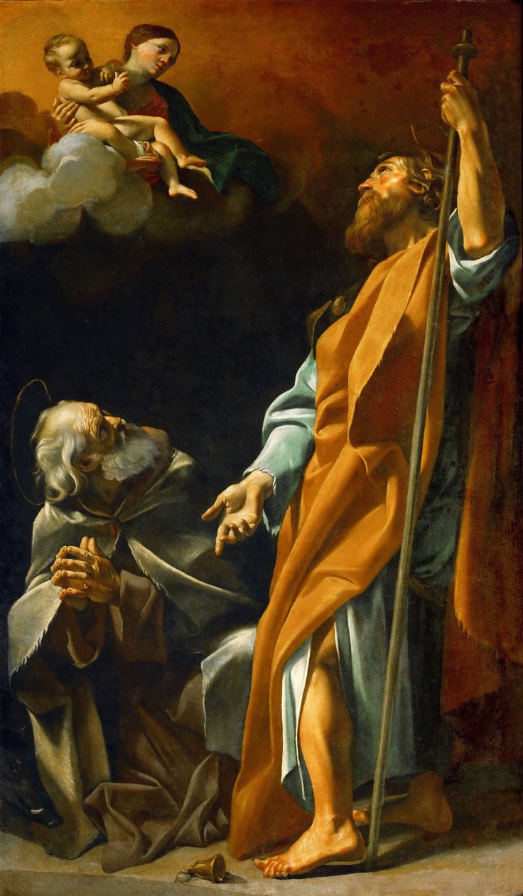 巴洛克风格:La Vierge Marie apparait a Saint Jacques et Saint Antoine abbe - 圣母玛利亚向圣徒詹姆斯和安东尼-阿巴斯显现 par Lanfranco, Giovanni (1582-1647), c. 1622.布面油画，220x127.5。艺术历史博物馆，维埃纳 作者 乔凡尼·兰弗兰科（Giovanni Lanfranco）