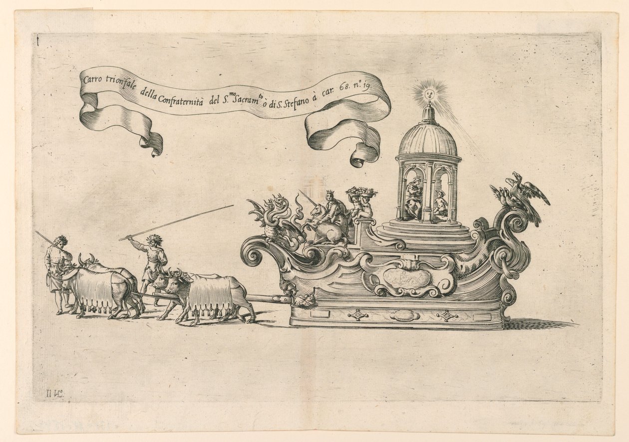 意大利雷焦的游行花车："Carro trionfale della Confraternità del S.to Sacrame.to di S. Stefano"（圣斯蒂芬圣事会的凯旋马车）。图片 2a 来自 A. Isacchi，"Relatione di Alfonso Isachi intorno l
