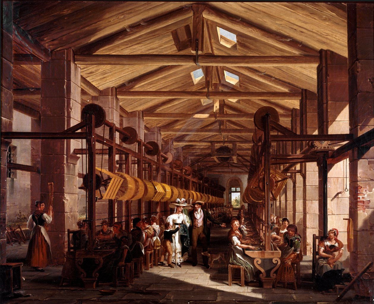 纺纱车间 Mylius 在米兰附近拥有 Boffalora Ticino 绘画 Giovanni Migliara (1785-1837) 1828 年 布面油画，高度：44 厘米梅纳焦，私人收藏 作者 乔凡尼·米利亚拉（Giovanni Migliara）