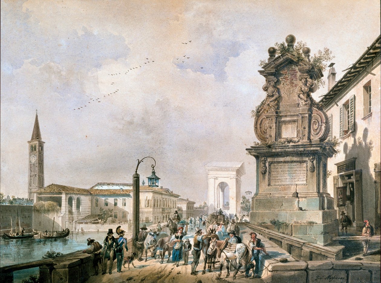 米兰Naviglio Pavese上的Trofeo桥景观（水彩画 作者 乔凡尼·米利亚拉（Giovanni Migliara）