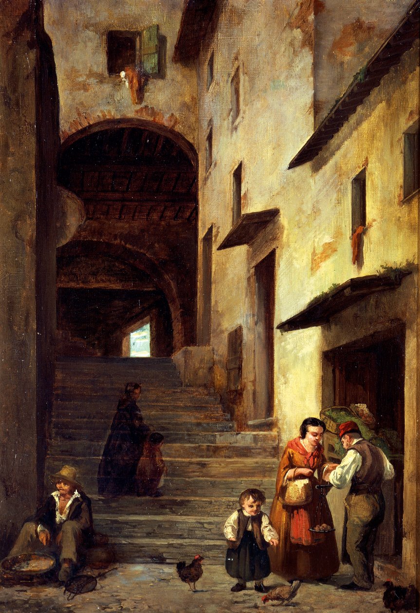 热那亚Riviera的Sestri Levante的街道景观，约1863年，由Giovanni Mochi（1829-1893）创作，布面油画，40x30厘米。 作者 乔凡尼·摩奇
