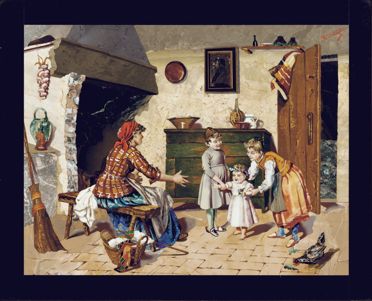 插图板描绘的是一个小屋的内部场景，母亲，两个年轻女孩和一个婴儿迈出了第一步，佛罗伦萨，摄于1900-10年（皮埃特拉·杜拉） 作者 乔凡尼·蒙特拉蒂奇（Giovanni Montelatici）