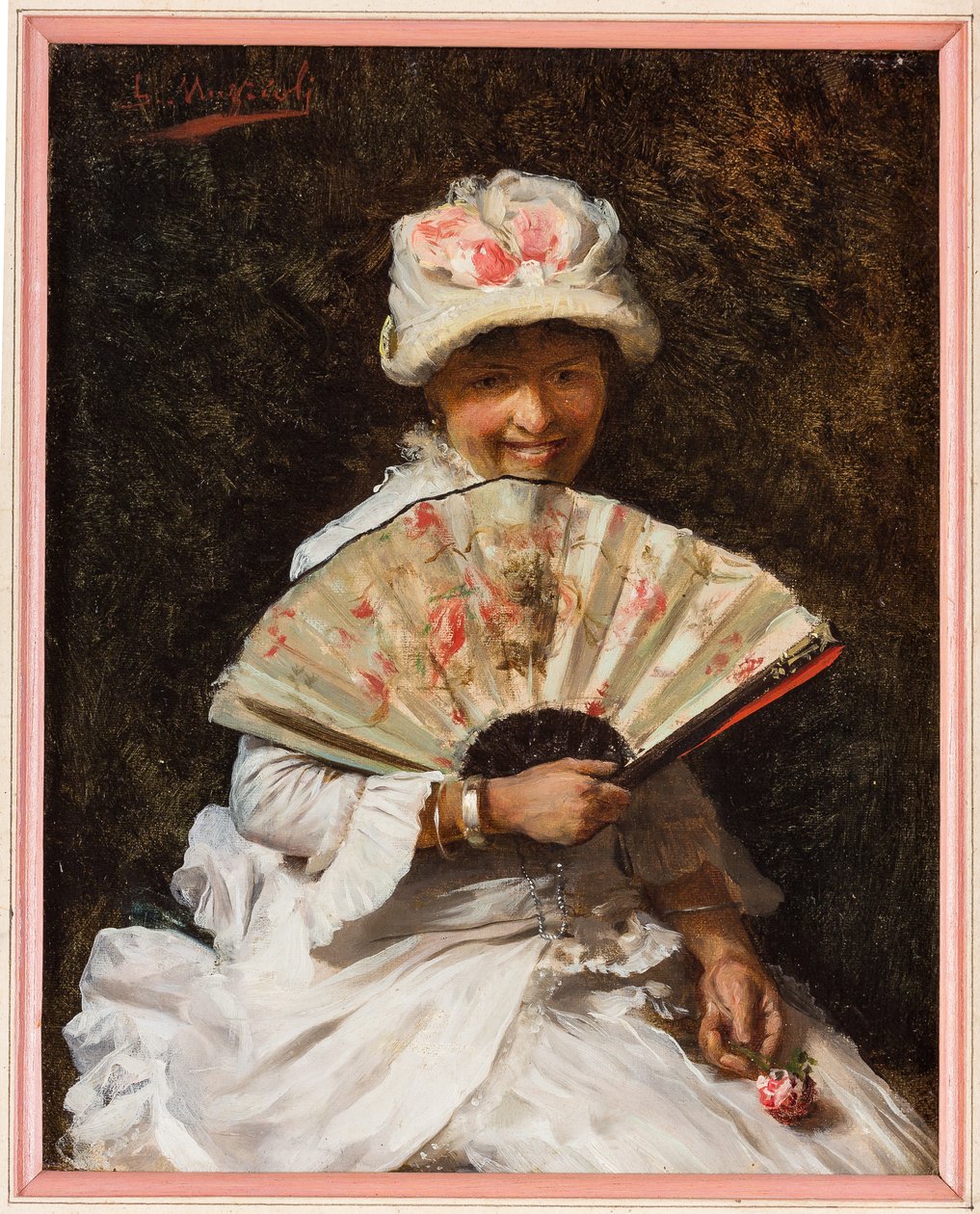 拿扇子的女士（布面油画） 作者 乔凡尼·穆齐奥利（Giovanni Muzzioli）