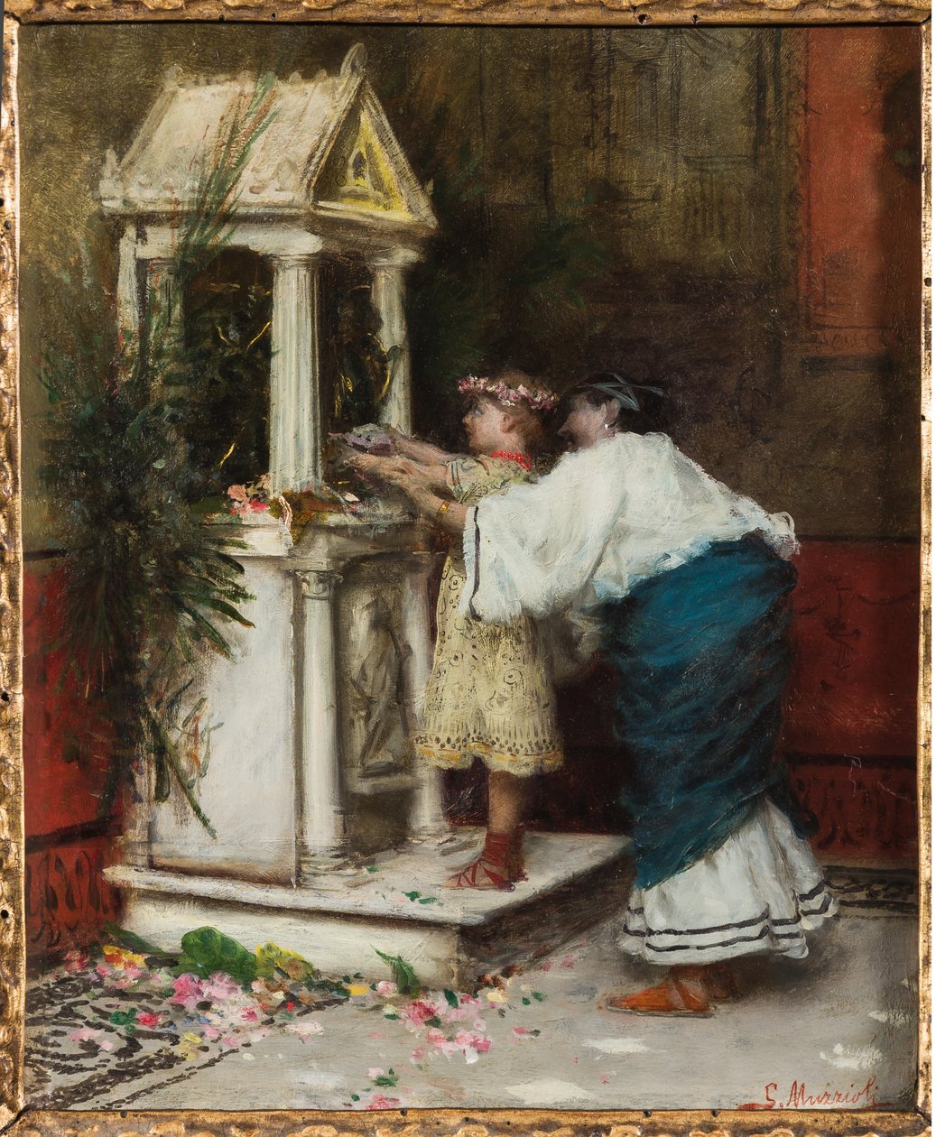 小寺庙前的母女（布面油画） 作者 乔凡尼·穆齐奥利（Giovanni Muzzioli）