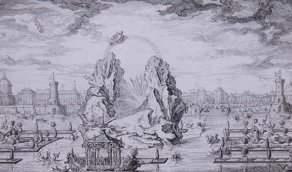 庆祝王储（路易十五之子）诞生的焰火，让-杜蒙（Le Romain）（1701-81）1730年镌刻的（蚀刻版）。 作者 乔瓦尼·尼科洛 (后) Servandoni