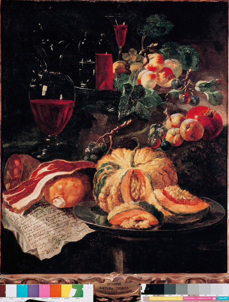 静物南瓜、熏肉、火腿、桃子和葡萄酒。Giovan Paolo Castelli dit Lo Spadino（1659-1730 年）的画作 1703 年，罗马，Conservatori capitolini 博物馆 作者 乔瓦尼·保罗·卡斯特利