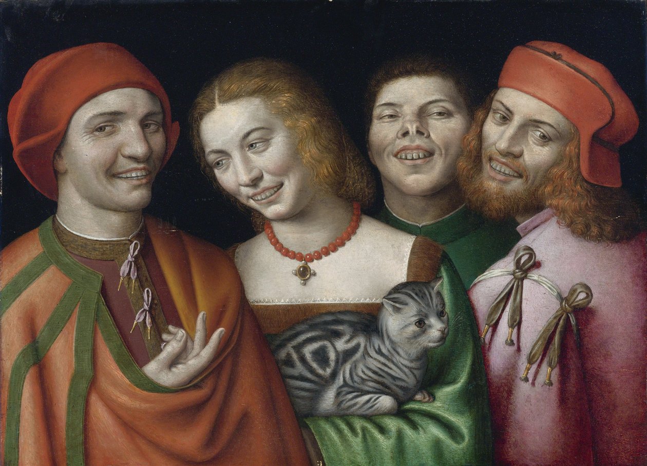 ""Portrait de trois hommes et une femme tenant un chat"" (Three men with a woman holding a cat) Peinture de Giovanni Paolo Lomazzo (1538-1600) Collection privee 作者 乔凡尼·保罗·洛马佐（Giovanni Paolo Lomazzo）