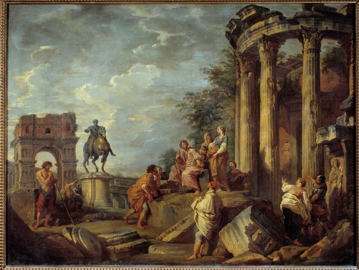 建筑遗址与 Janus 拱门、维斯塔神庙和 Marc Aurele (Marco Aurelio) 雕像乔瓦尼·保罗·潘尼尼 (Panini) (1691-1765) 绘画，18 世纪太阳。 0,79x0,87 米 作者 乔瓦尼·保罗·帕尼尼