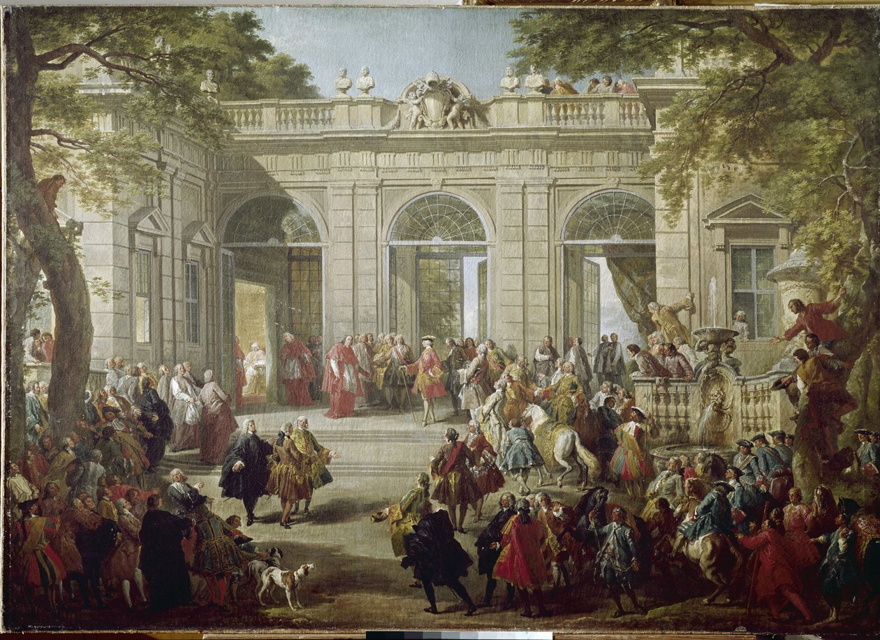 西班牙的查尔斯三世或波旁的查尔斯，那不勒斯国王（Carlo Borbone）（1716-1788）在基里纳尔宫（Quirinal）的咖啡馆拜访教皇贝内代托十四世。 乔瓦尼-保罗-帕尼尼（1691-1765）的绘画 1746年，那不勒斯，卡波迪国家博物馆 作者 乔瓦尼·保罗·帕尼尼
