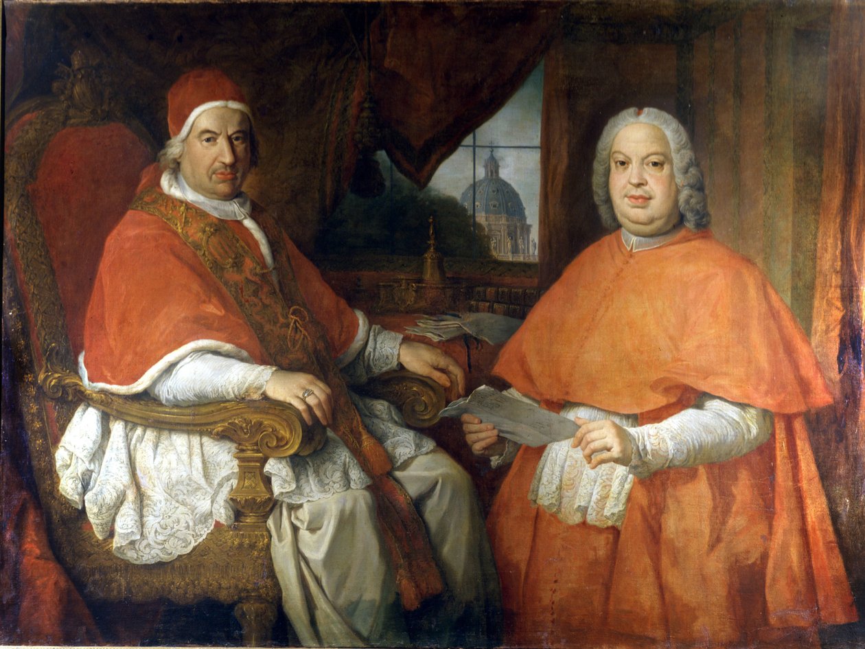 教皇本笃十四世 (1675 - 1758) 和红衣主教 Silvio Valenti Gonzague 的肖像。 乔瓦尼·保罗·潘尼尼 (Panini) 的绘画。 18世纪。 罗马国家罗马博物馆。 作者 乔瓦尼·保罗·帕尼尼